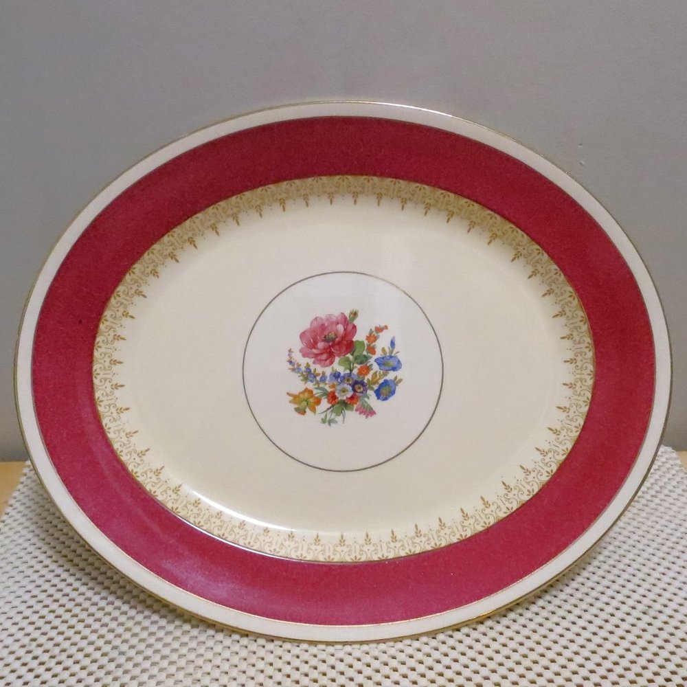 Burgess Leigh Large Oval Serving Platter 14" Burleigh Burgundy Floral England